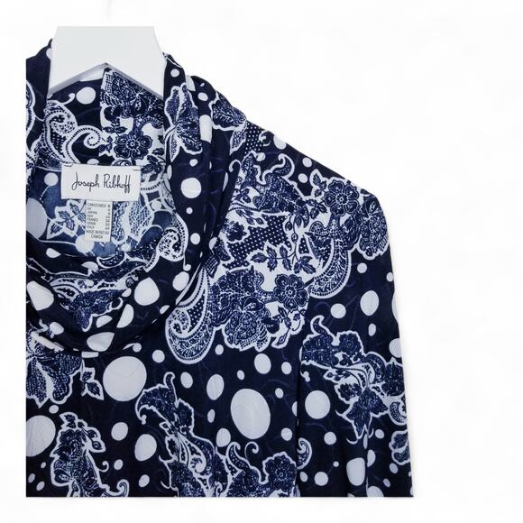 Joseph Ribkoff Textured Cowl Neck Top Navy White Dots w/ Floral - Size 6 - Picture 2 of 5